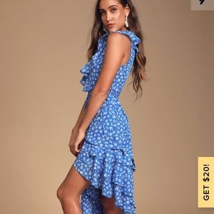 Royal Blue Floral Print Ruffled Wrap Midi Dress